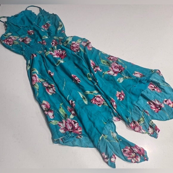 Parker Nolan  Teal Magnolia Floral Print Smocked Sleeveless Midi Dress XXS - Picture 1 of 2